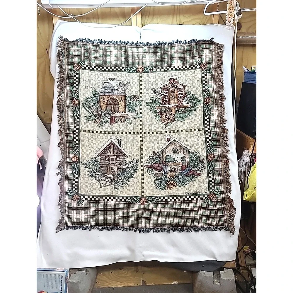 Vintage Debbie Mumm Winter Birdhouse Woven‎ Wall Tapestry Sofa Throw 45 x 53